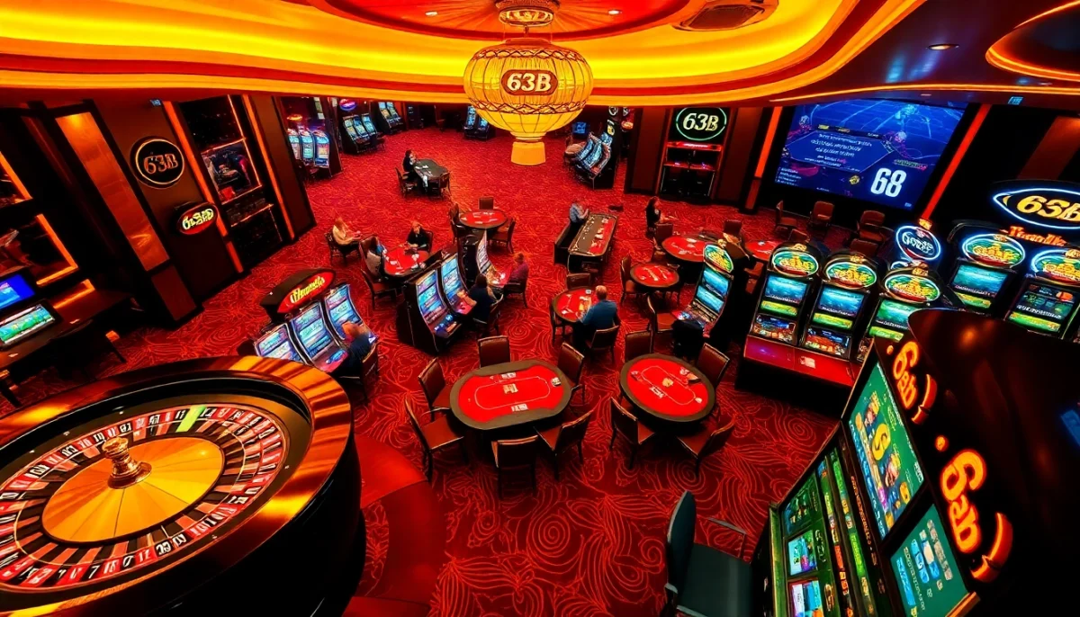 Exciting casino scene depicting players at poker tables and a roulette wheel, featuring branding element '63B' to signify high-stakes gambling.