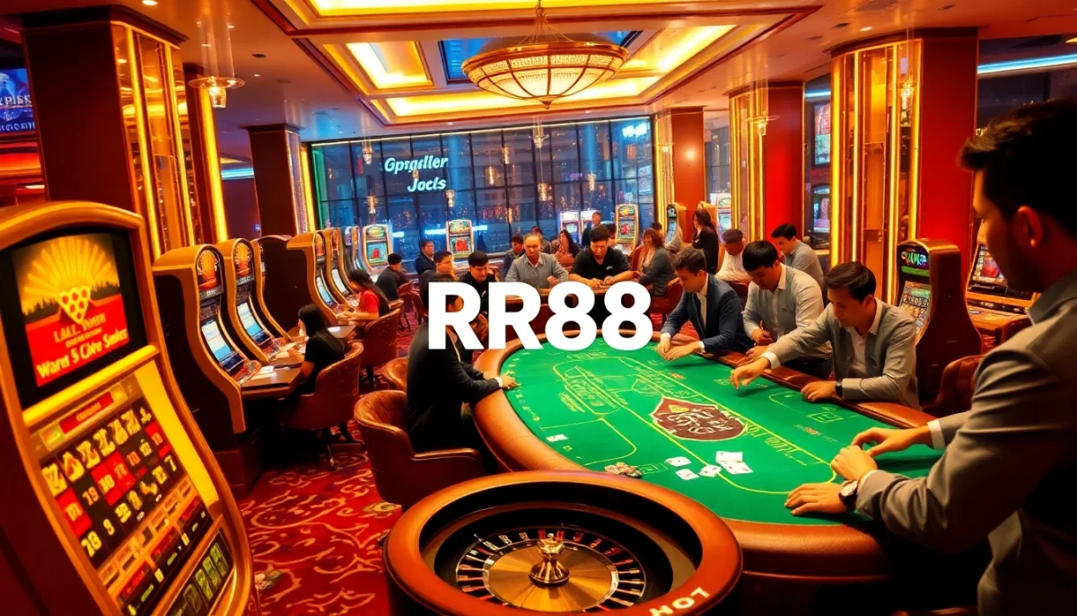RR88 casino scene showing intense players at poker tables with vibrant slot machines in a modern casino.