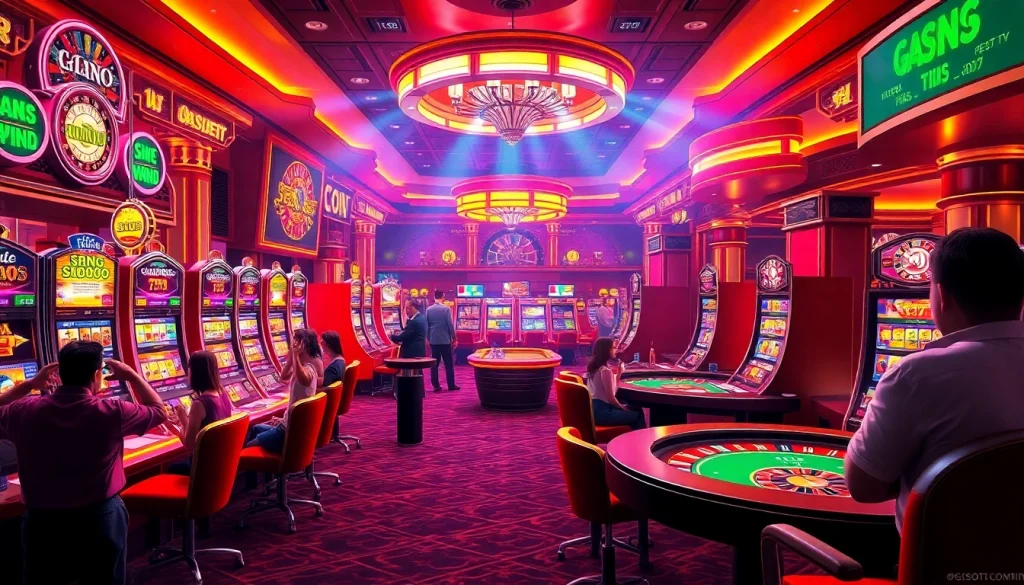 Experience the excitement of PGSLOT51 with colorful slot machines and enthusiastic players at a vibrant casino.